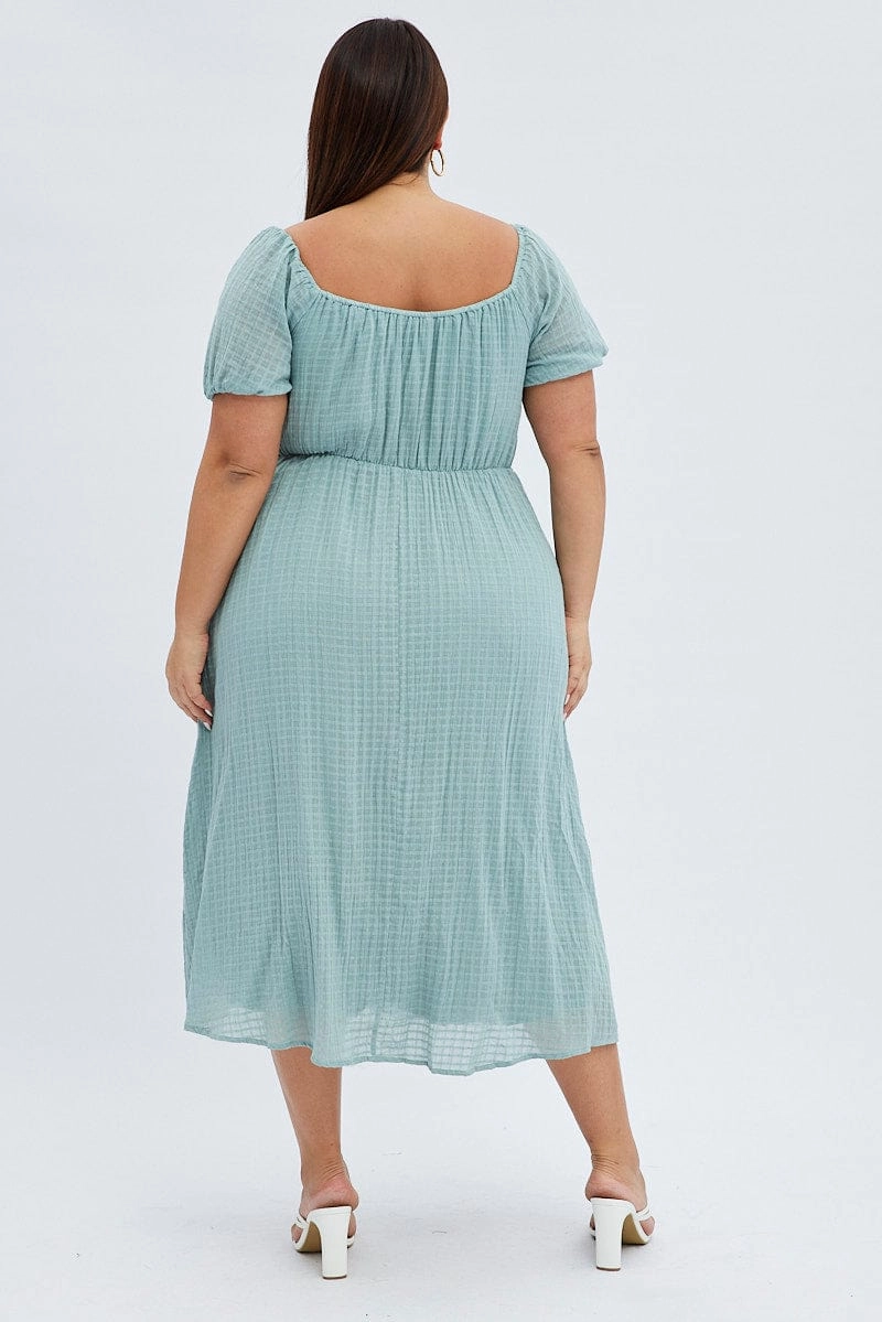 Green Midi Dress Check Cotton Puff Sleeve Romantic Hour