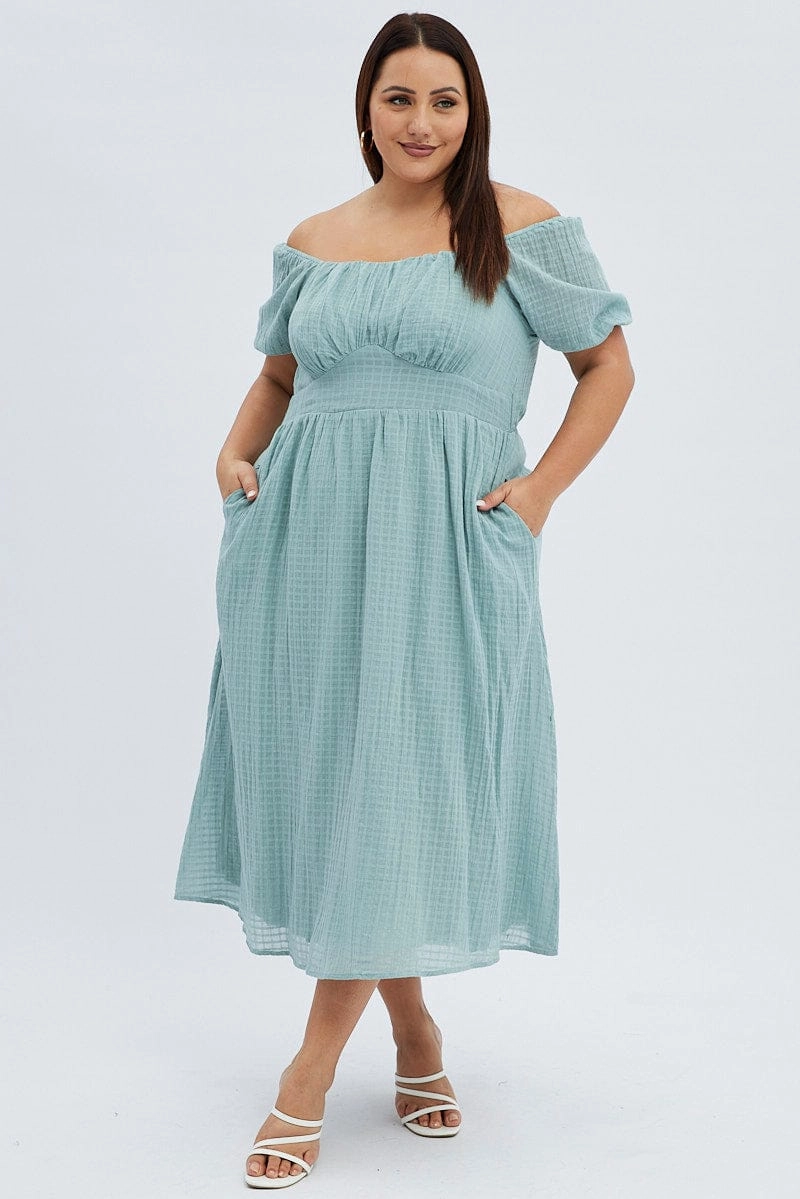 Green Midi Dress Check Cotton Puff Sleeve Soft Stitch Cute Glow