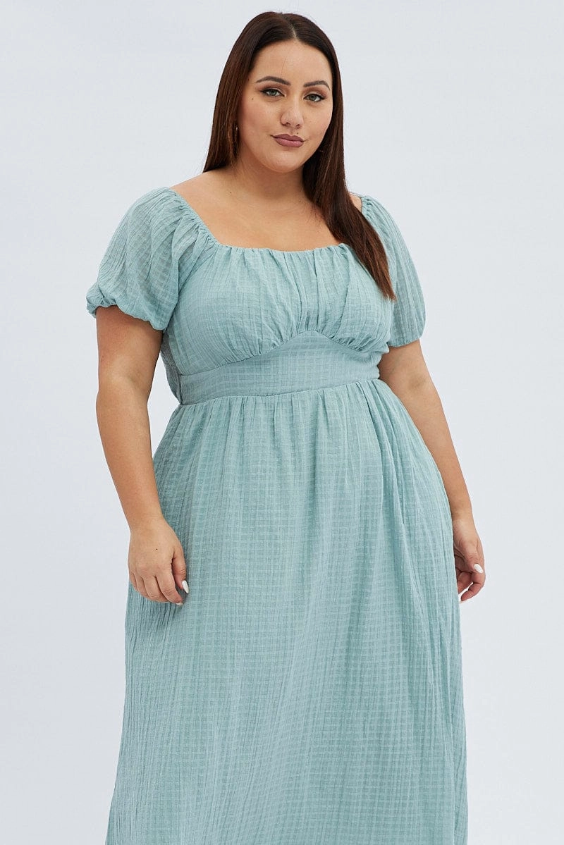 Green Midi Dress Check Cotton Puff Sleeve Perfectly Fit Look Seasonal Layering