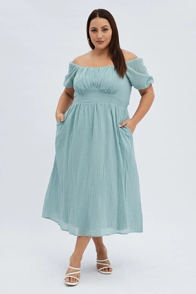 Green Midi Dress Check Cotton Puff Sleeve Romantic date dress Casual Pick