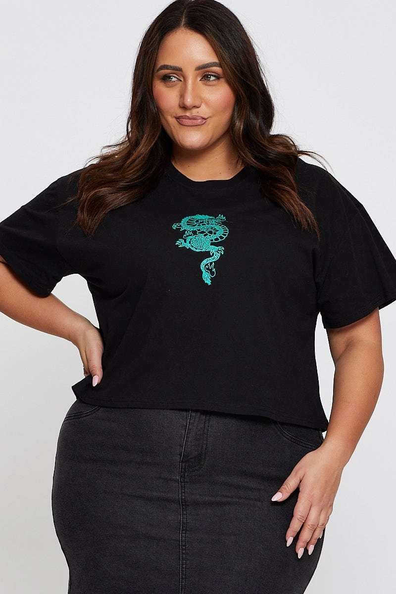 Black Sleeve T-shirt Embroidered Dragon Crew Neck Short Fashion Layering