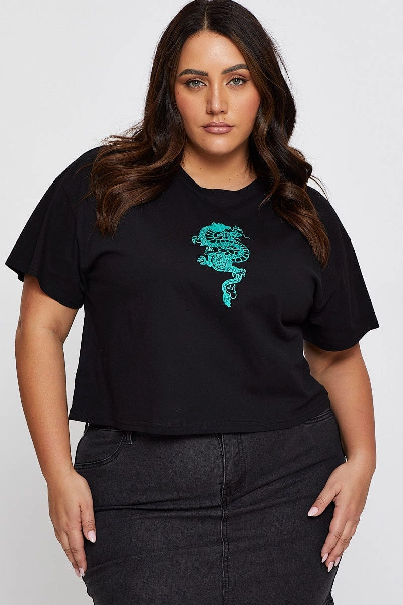 Comfortable Shape Black Sleeve T-shirt Embroidered Dragon Crew Neck Short