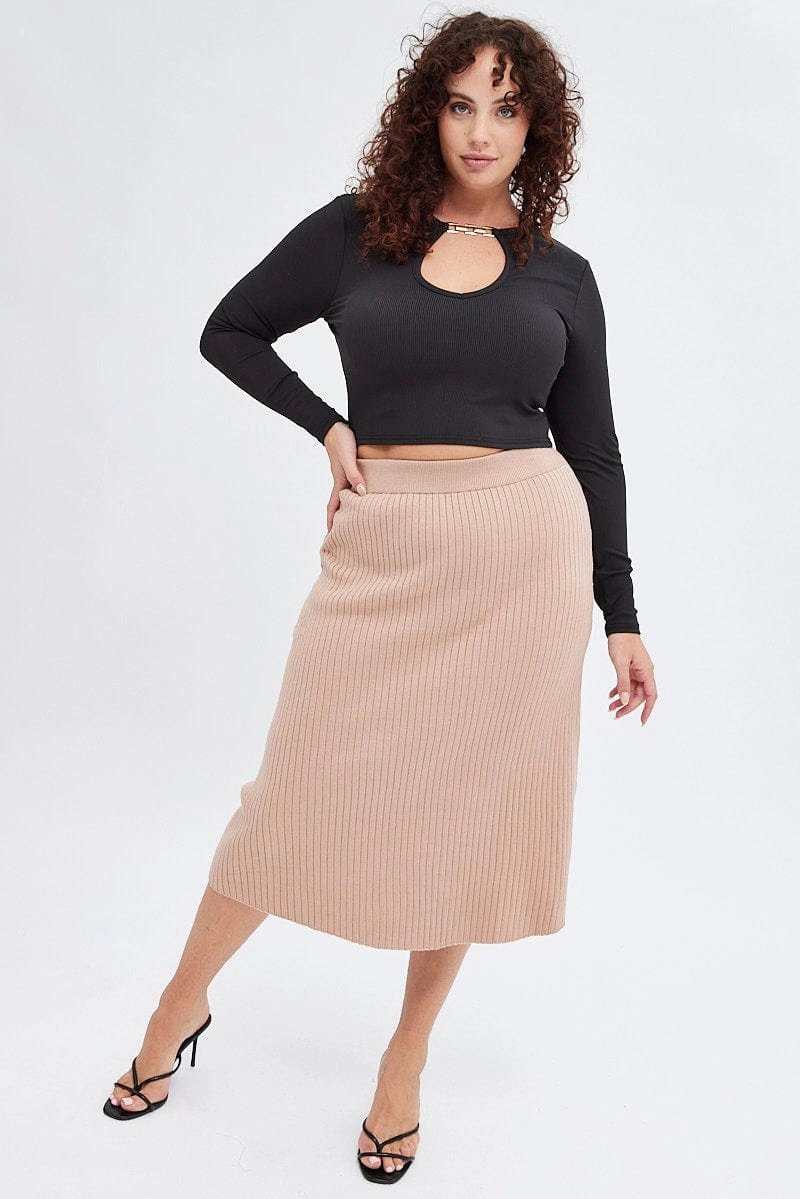 Bold Mood Beige Knit Skirt Elastic Waist Midi Flare Rib