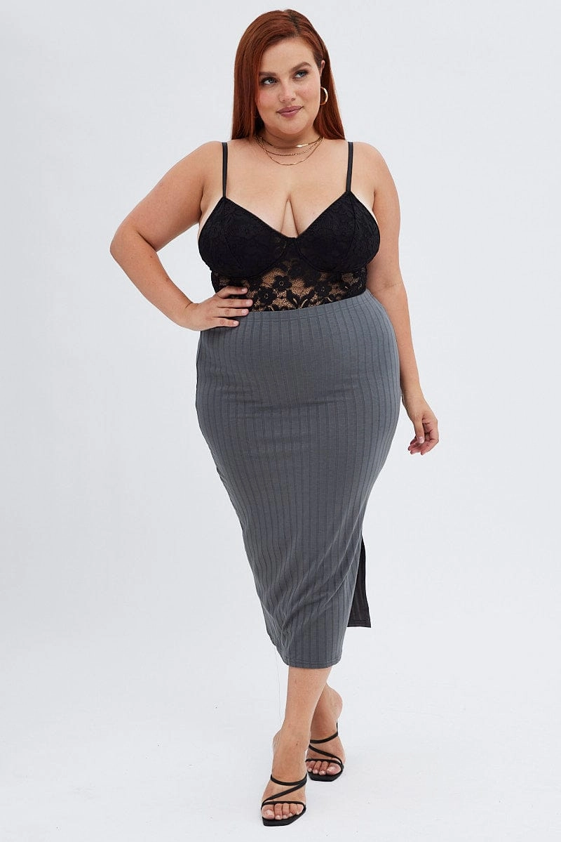 Grey Midi Skirt Wide Rib Jersey Bodycon Style Layering