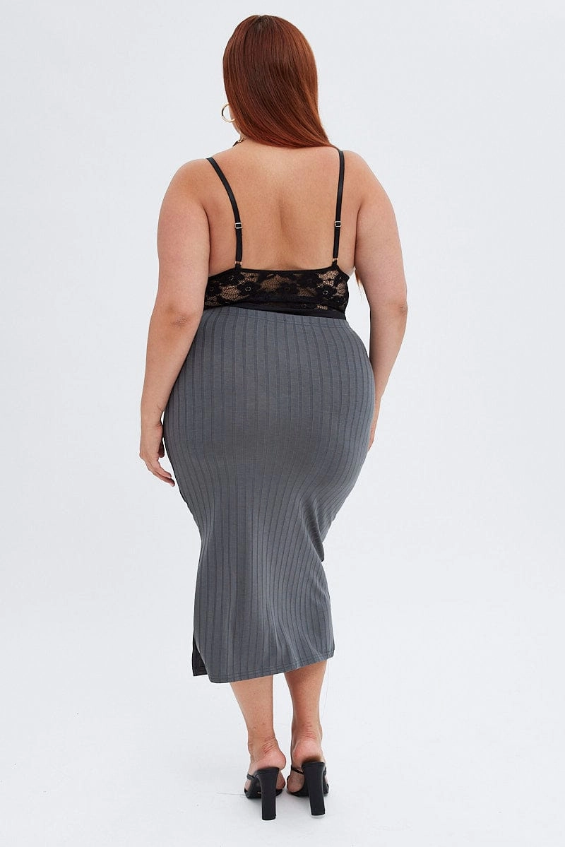 Grey Midi Skirt Wide Rib Jersey Bodycon Bamboo Fiber