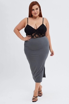 Grey Midi Skirt Wide Rib Jersey Bodycon Style Layering