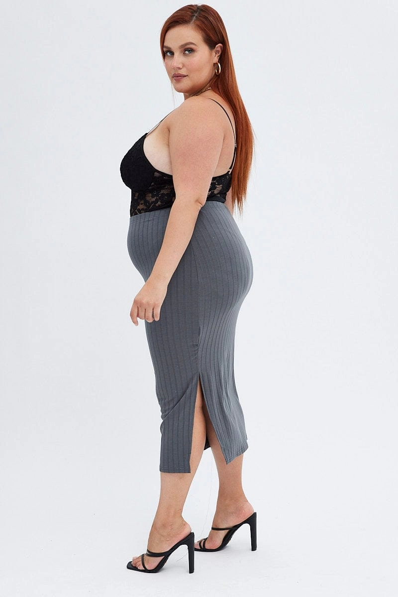Summer Outfit Grey Midi Skirt Wide Rib Jersey Bodycon