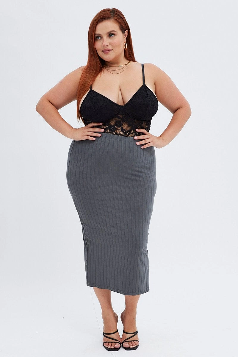 Grey Midi Skirt Wide Rib Jersey Bodycon Twist Knot Details