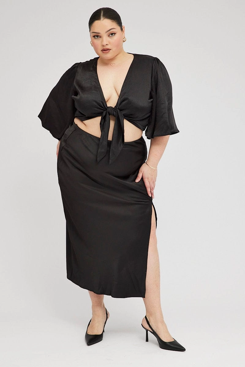 Key Feature Plant Based Material Black Midi Skirt Satin Split Flare