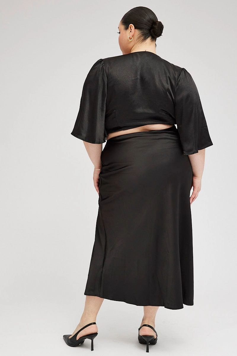 Side Slit Black Midi Skirt Satin Split Flare