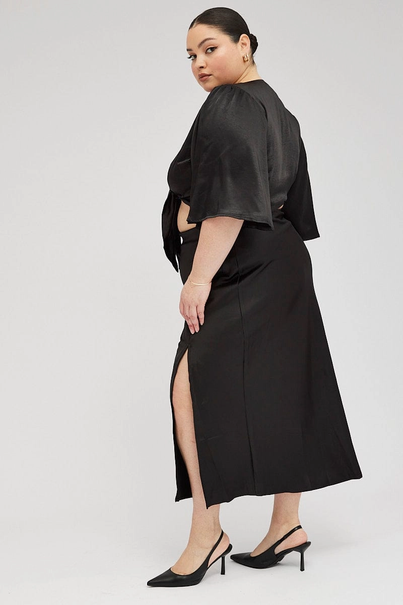 All Day Soft Touch Black Midi Skirt Satin Split Flare