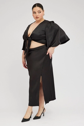 Minimal Design Mix Texture Black Midi Skirt Satin Split Flare