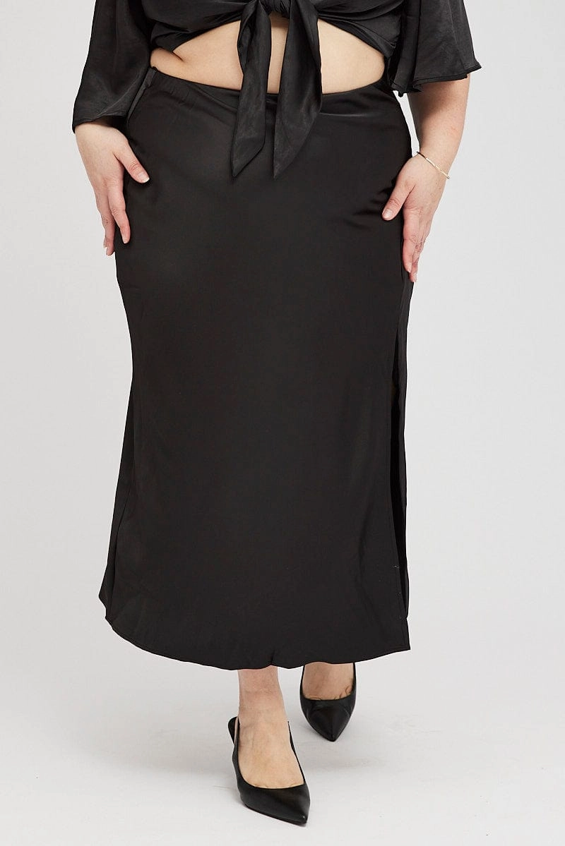 Smart Fit Black Midi Skirt Satin Split Flare
