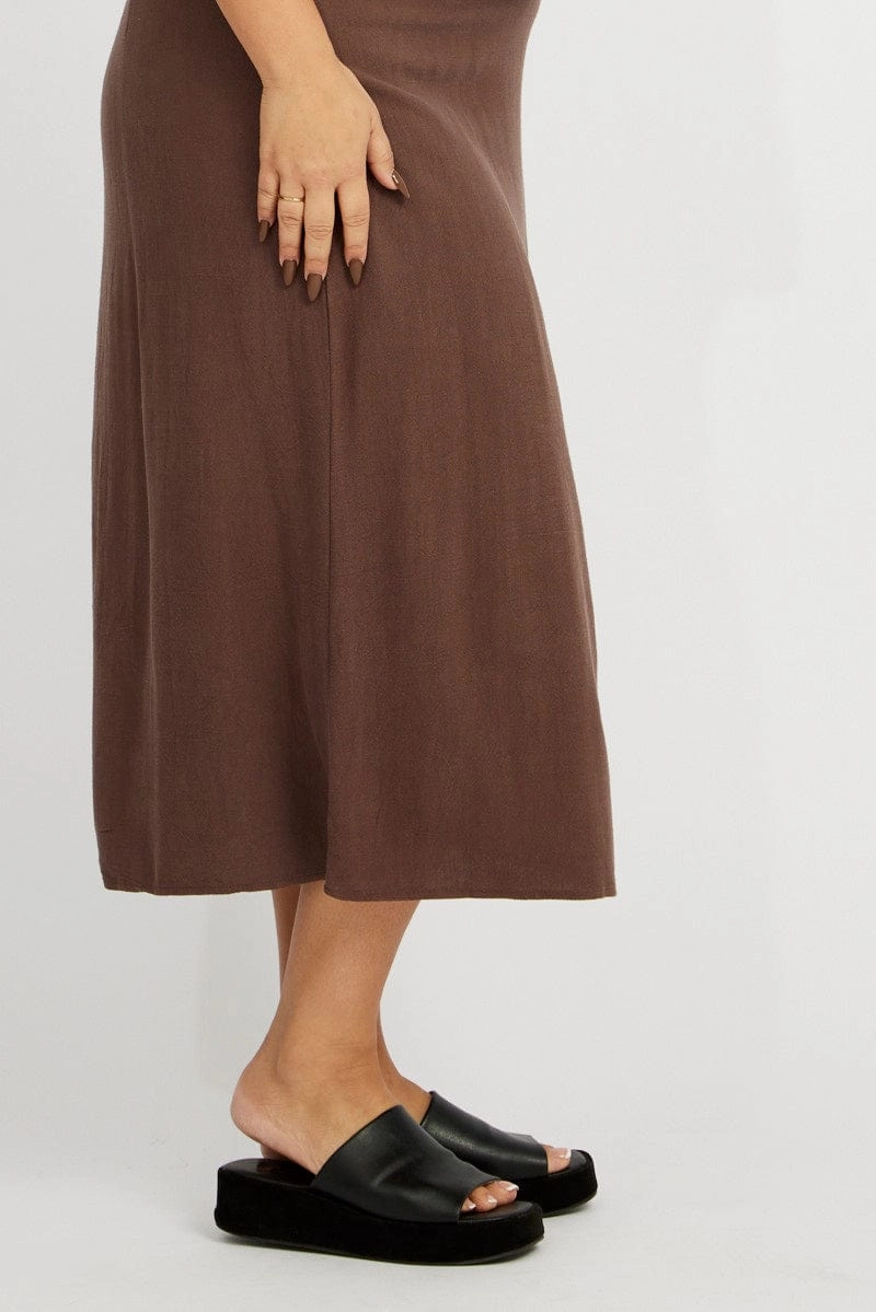 Brown Linen Blend Straight Longline Skirt High Rise