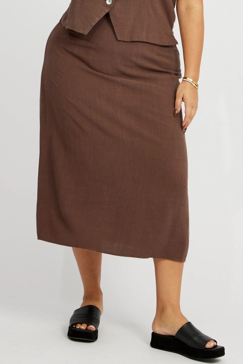 Floral Pattern Mix Separates Brown Linen Blend Straight Longline Skirt