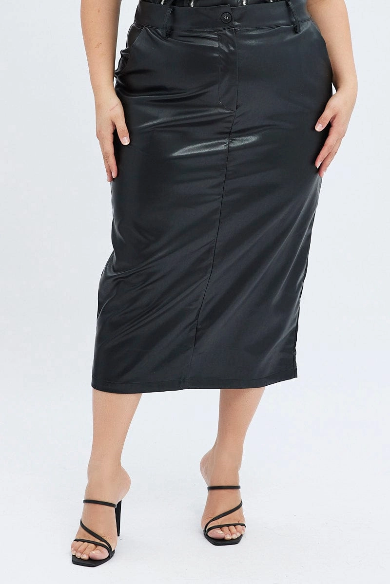 Black Midi Skirt Faux Leather Pencil High Waist Leg Elongating