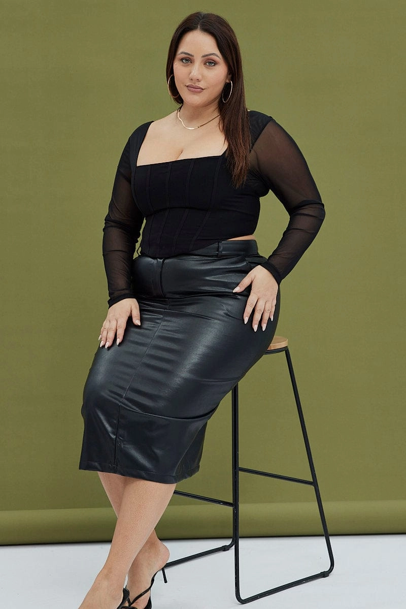 Matte Finish Black Midi Skirt Faux Leather Pencil High Waist