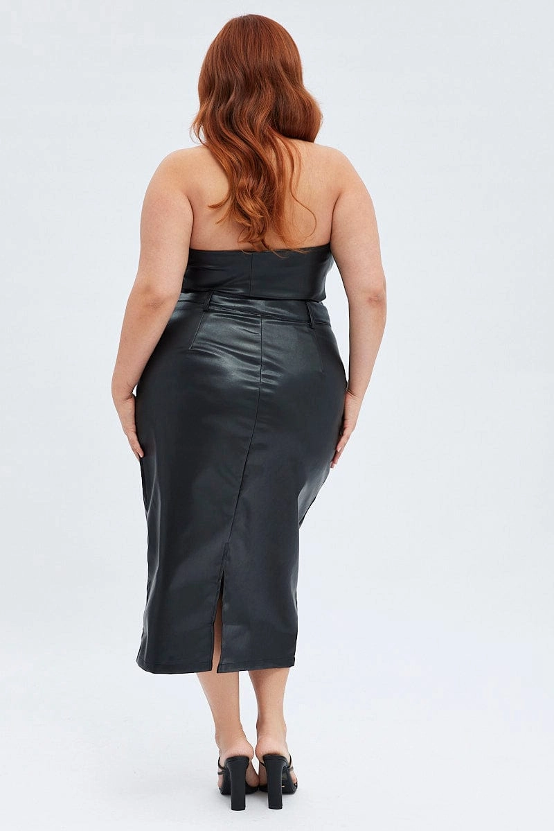 Senior Style Local Artisan Black Midi Skirt Faux Leather Pencil High Waist