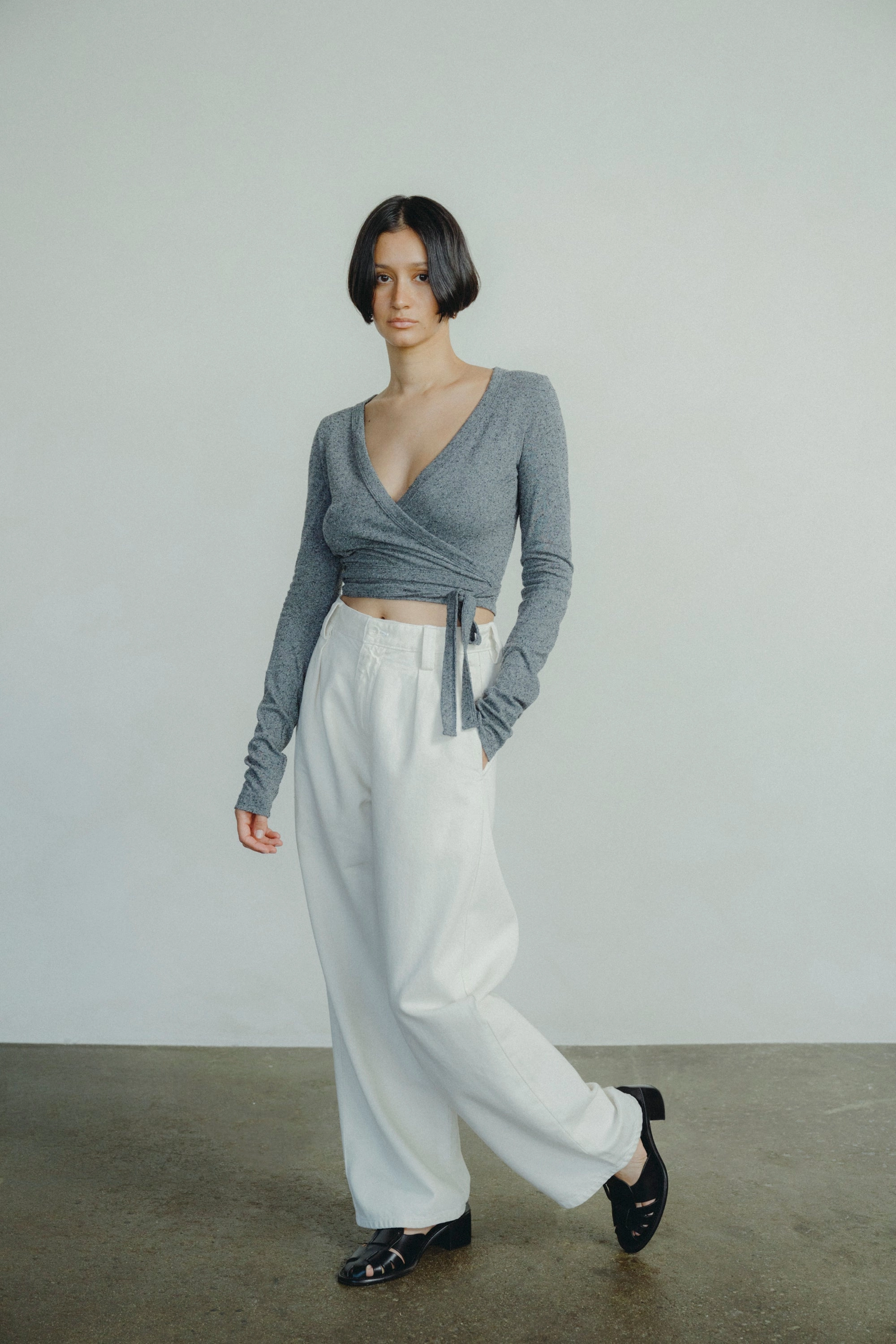 Dance Wrap Top, Regen Silk Noil Jersey, Charcoal Heather Clean Cut