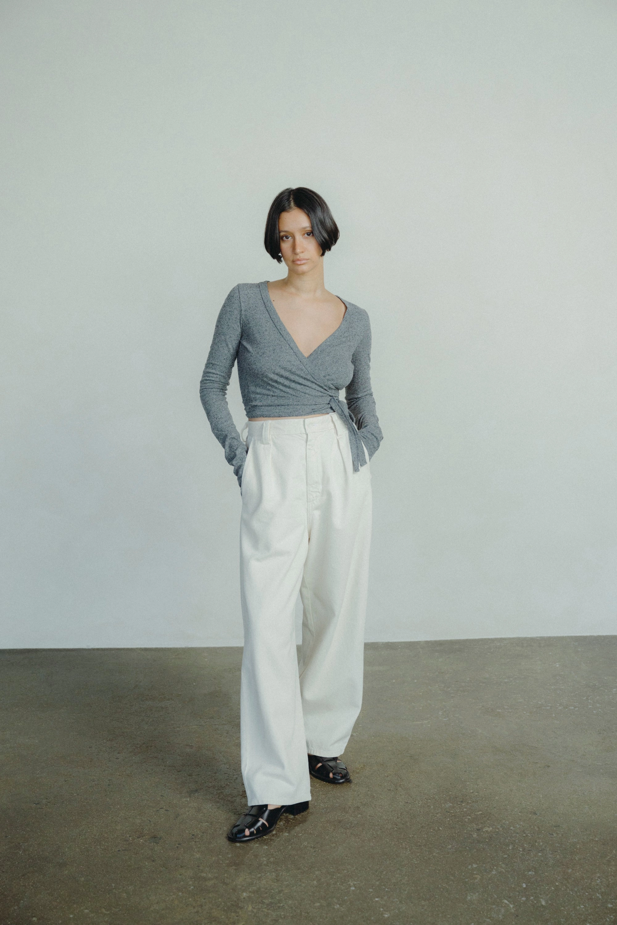 Dance Wrap Top, Regen Silk Noil Jersey, Charcoal Heather Relaxed Flex Casual Layers