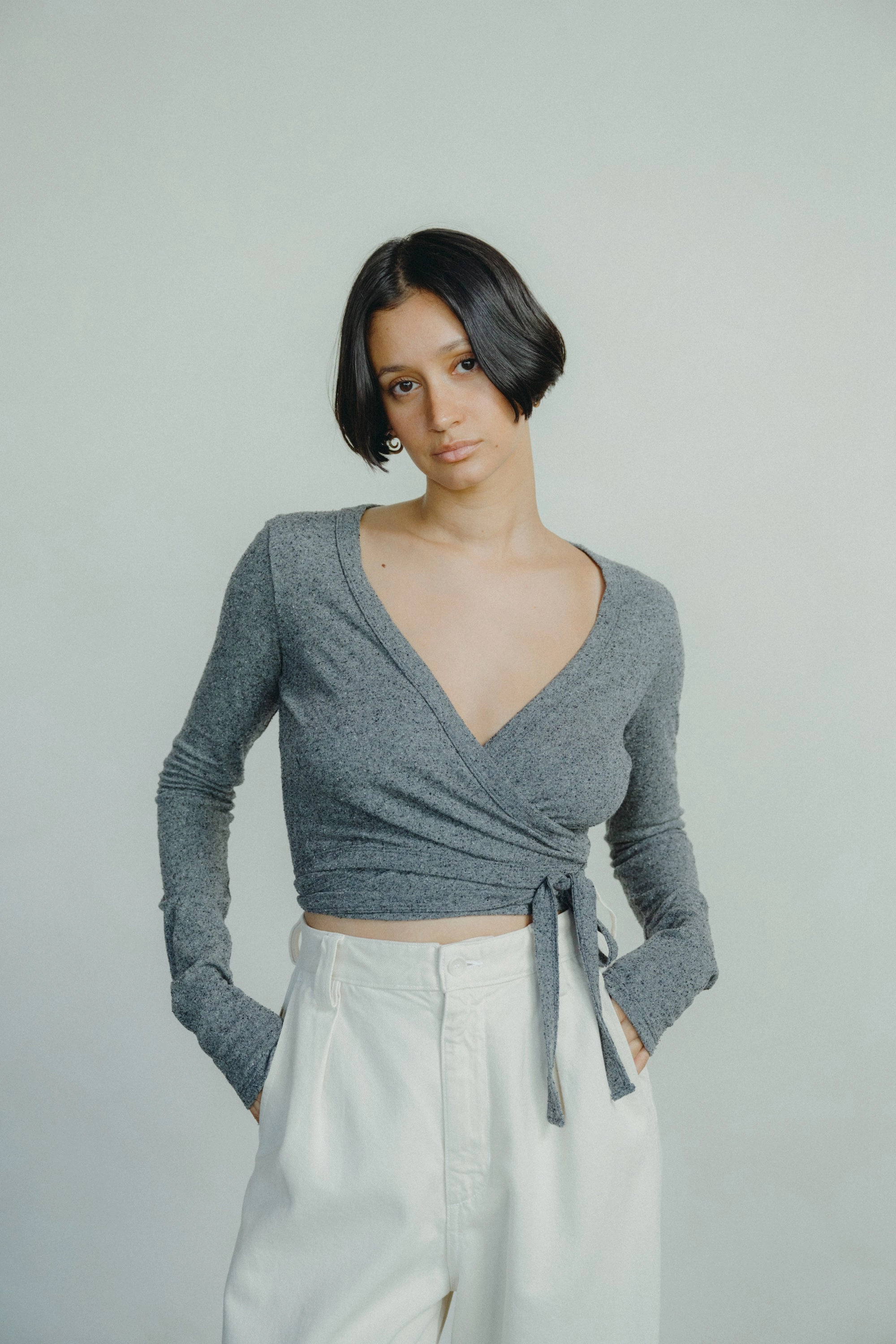 Comfortable And Trendy Dance Wrap Top, Regen Silk Noil Jersey, Charcoal Heather