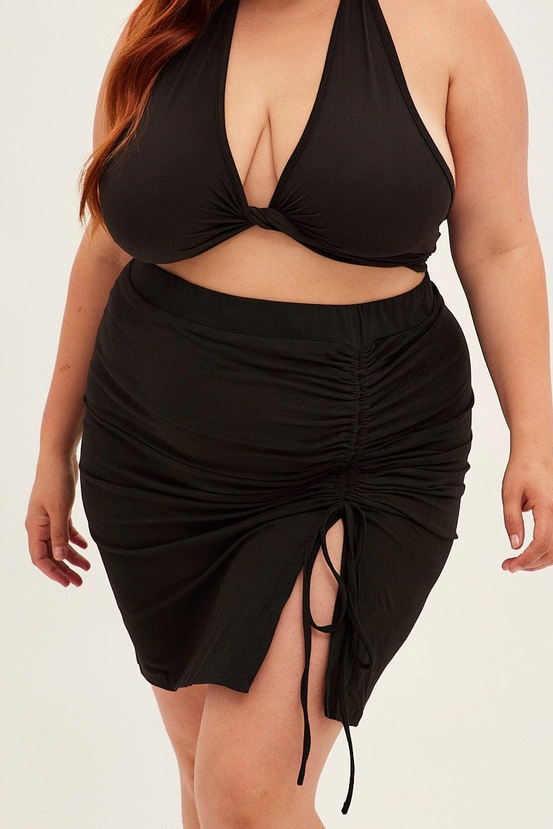 Black Midi Skirt Bodycon Drawstring Front Jersey party look
