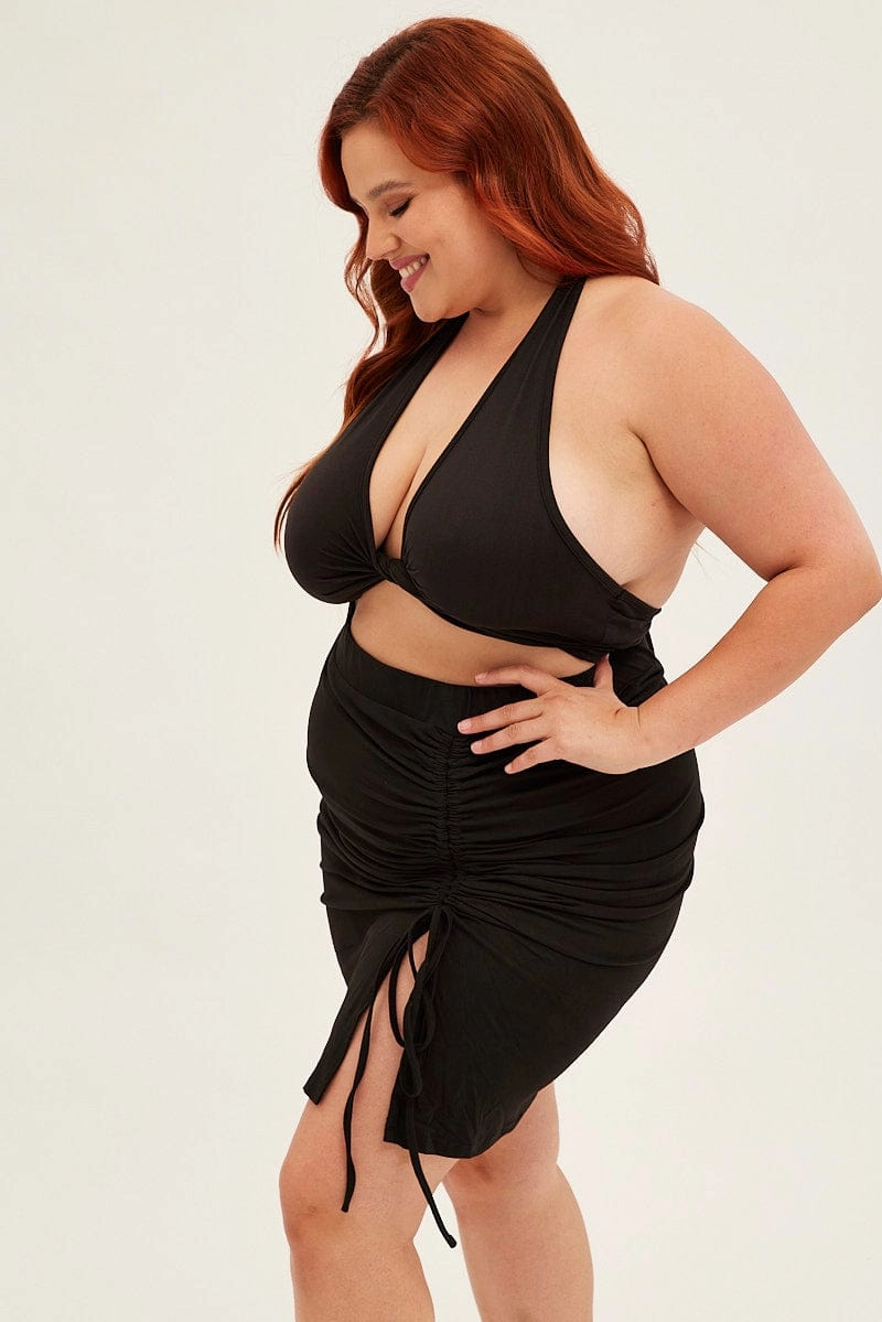 Everyday Favorite Black Midi Skirt Bodycon Drawstring Front Jersey