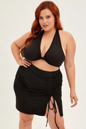 Black Midi Skirt Bodycon Drawstring Front Jersey Slip Resistant Waistband