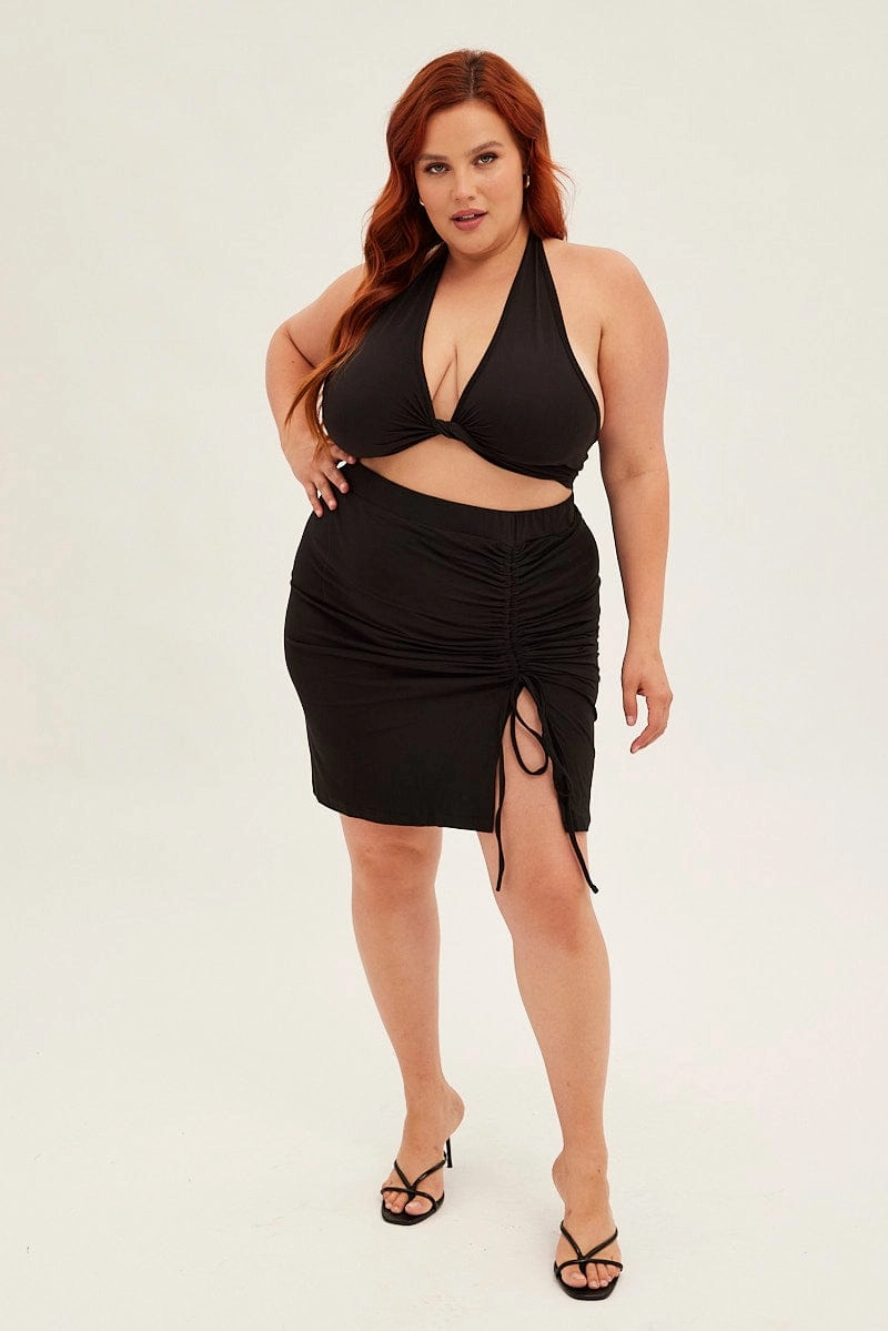 Flow Look Aesthetic Look Black Midi Skirt Bodycon Drawstring Front Jersey