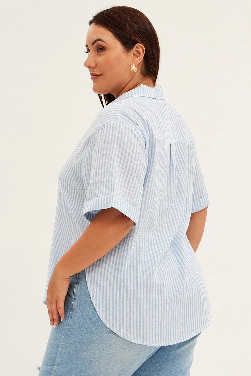 Seasonal Wear Smart Casual Wear Blue Stripe Relaxed Shirt Short Sleeve V-neck Button Up