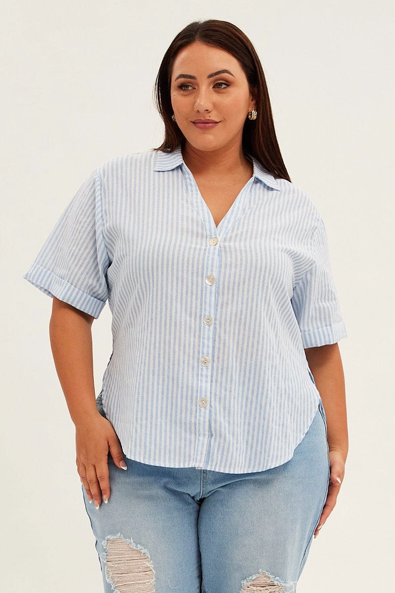 Blue Stripe Relaxed Shirt Short Sleeve V-neck Button Up Solid Hue Trendy Pattern