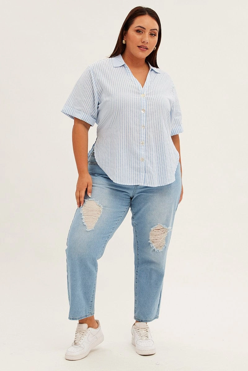 Stylish Comfort Blue Stripe Relaxed Shirt Short Sleeve V-neck Button Up