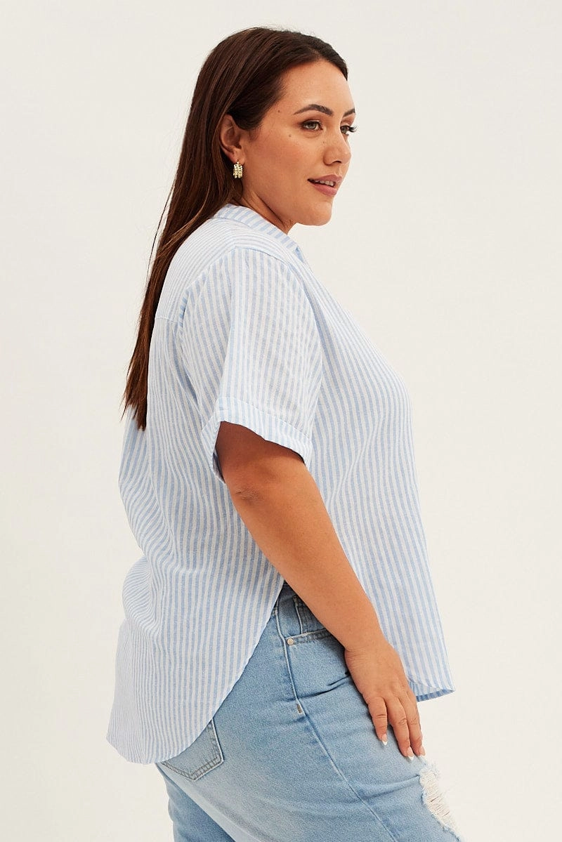 Blue Stripe Relaxed Shirt Short Sleeve V-neck Button Up Comfy Look Reinforced Shoulders