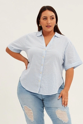 Blue Stripe Relaxed Shirt Short Sleeve V-neck Button Up Textured Finish slim fit