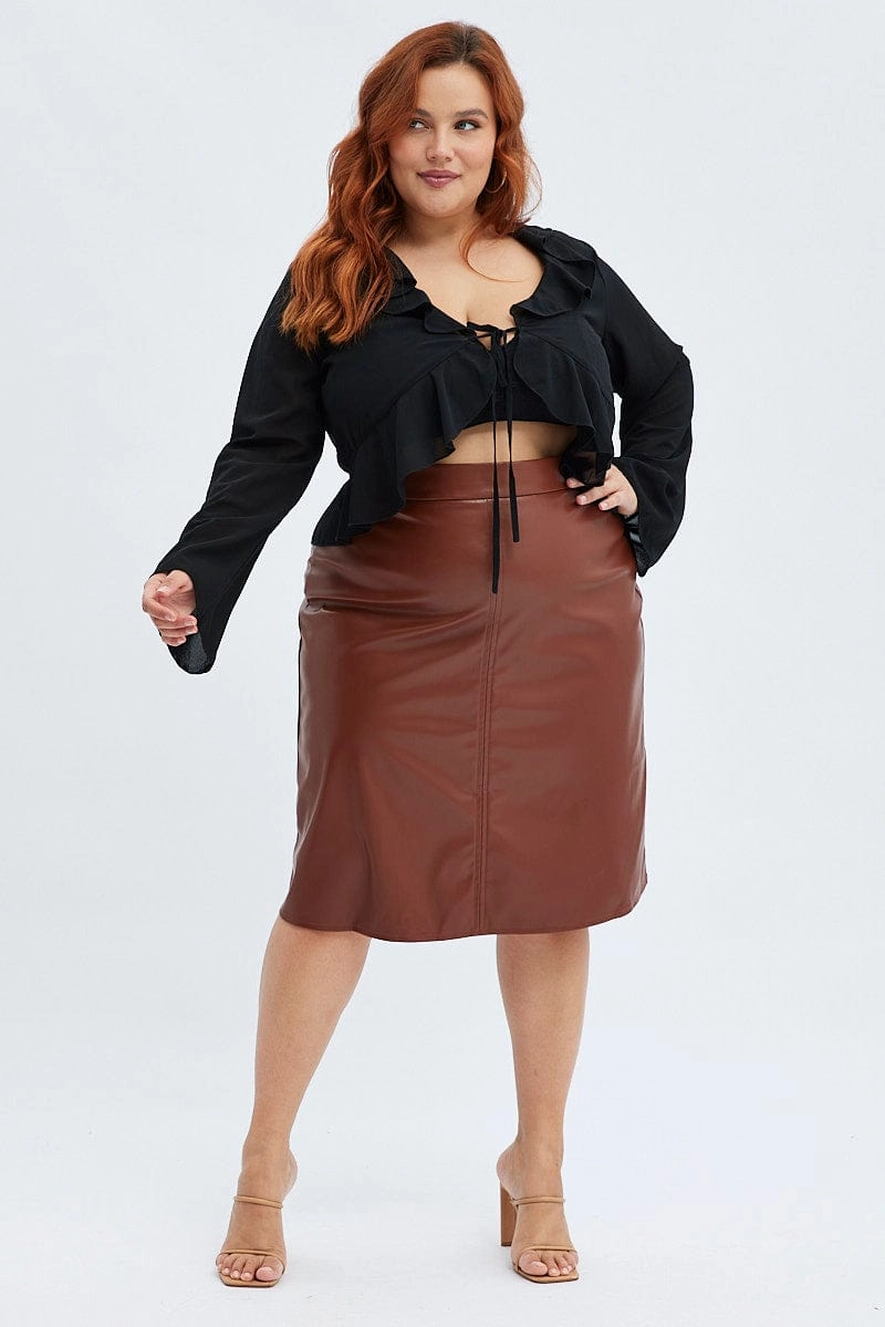 Tear Resistant Invisible Seams Brown Midi Skirt Faux Leather Flare