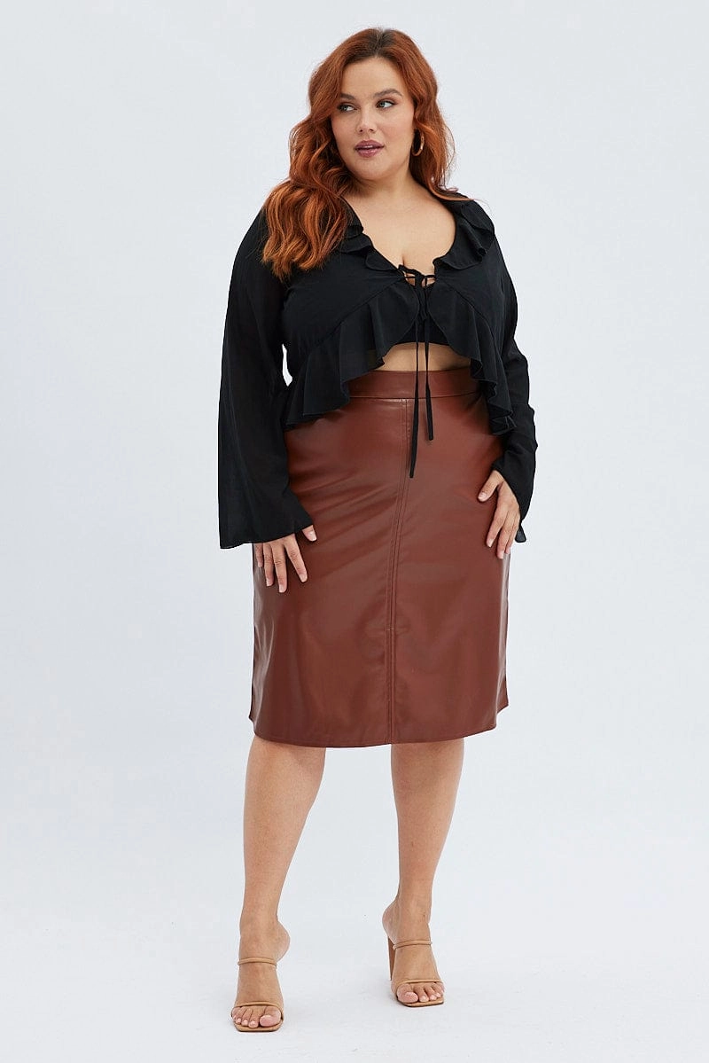 Hypoallergenic fabric Brown Midi Skirt Faux Leather Flare