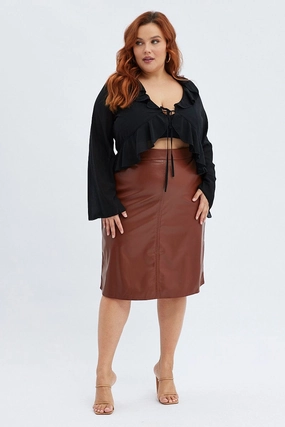 Hypoallergenic fabric Brown Midi Skirt Faux Leather Flare