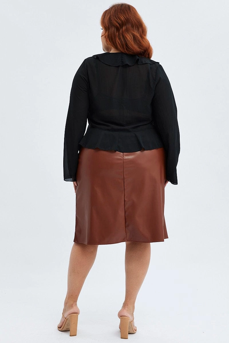 Invisible Seams Elegant Feel Brown Midi Skirt Faux Leather Flare