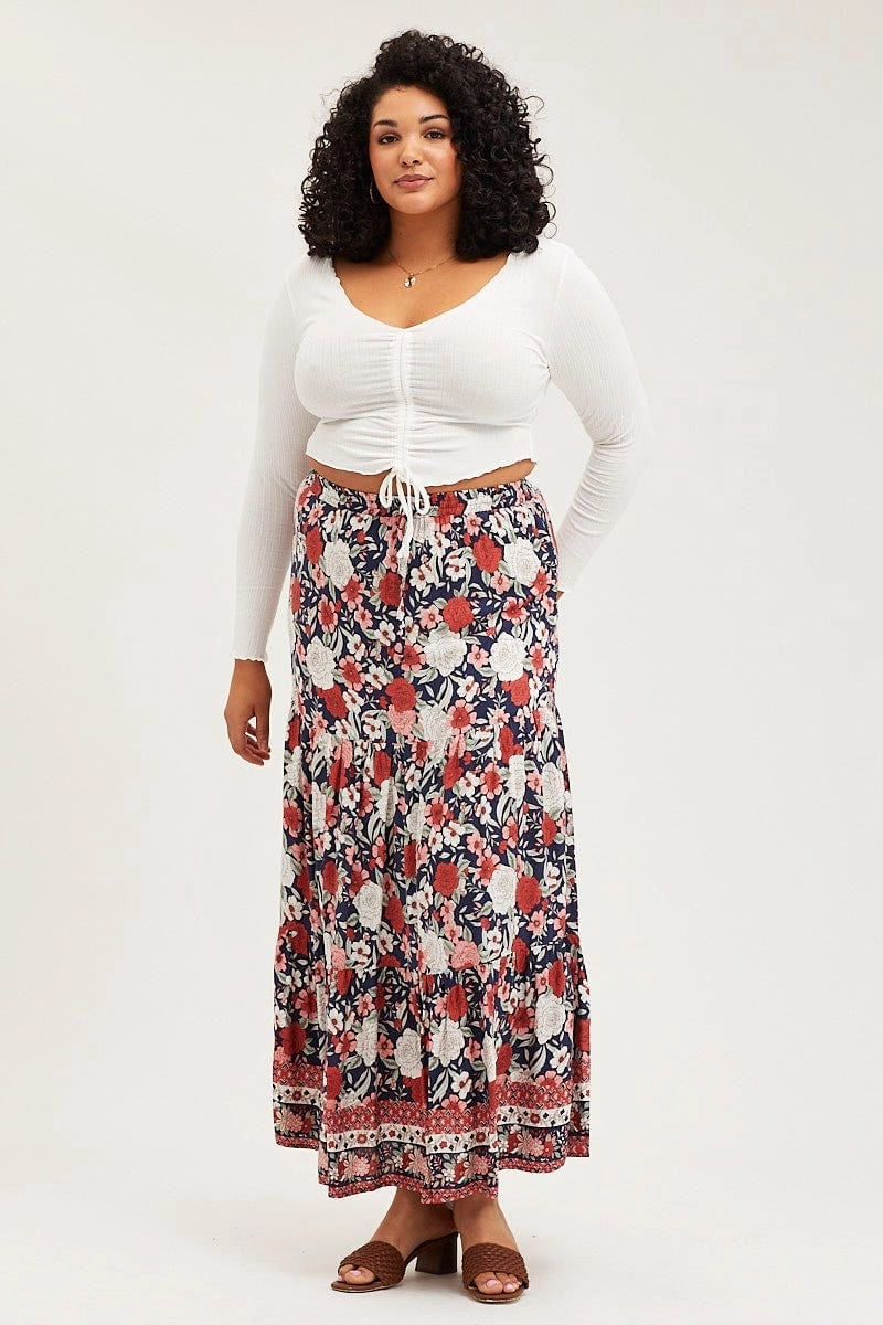 Boho Print Tiered Maxi Skirt Corduroy texture