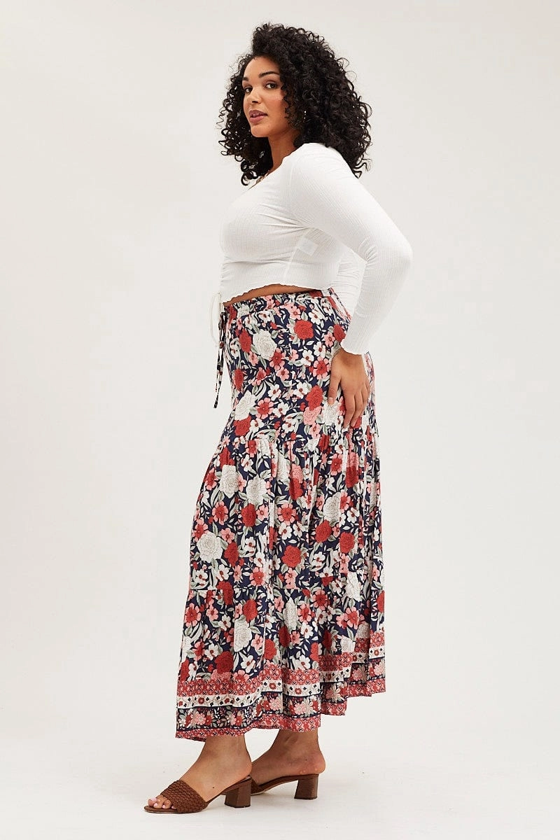 Bamboo Fiber Boho Print Tiered Maxi Skirt
