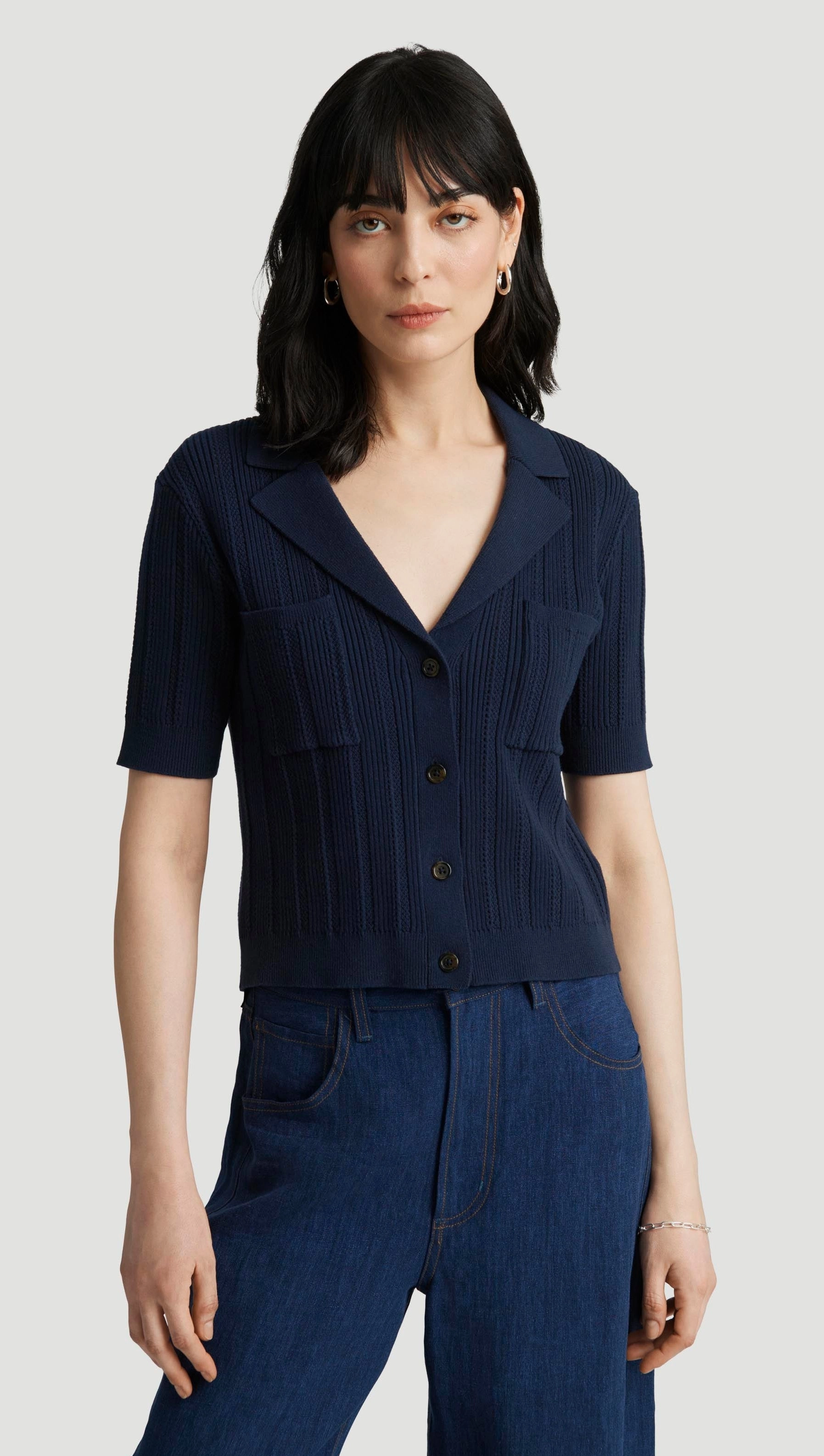 Collared Pocket Knit in Cotton | Midnight Minimalist Look Comfy Basics