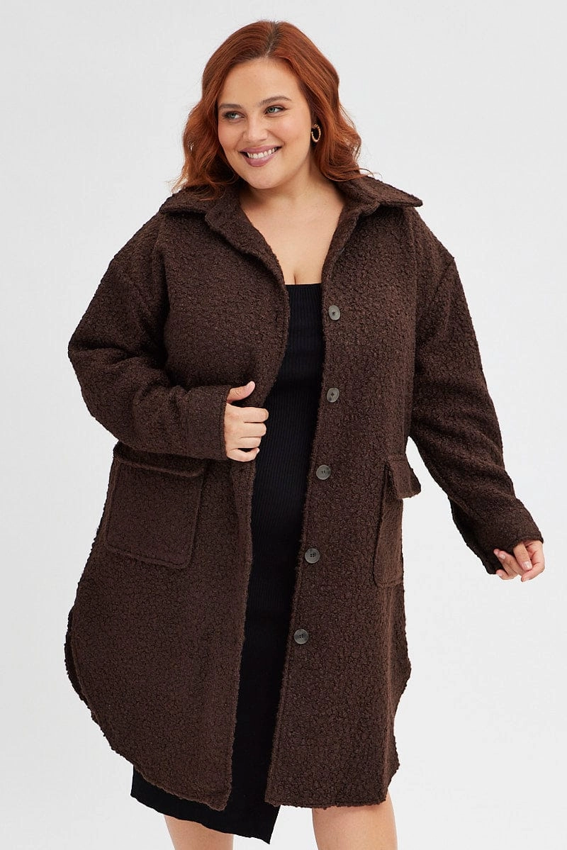 Durable Color Retention anti static coating Brown Boucle Shacket Coat Longline