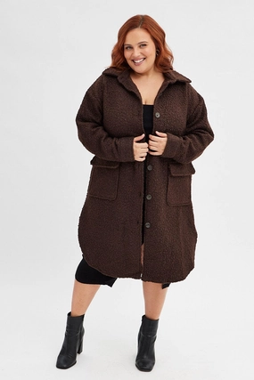 Heavyweight Durability Flexible Fiber Fill Brown Boucle Shacket Coat Longline