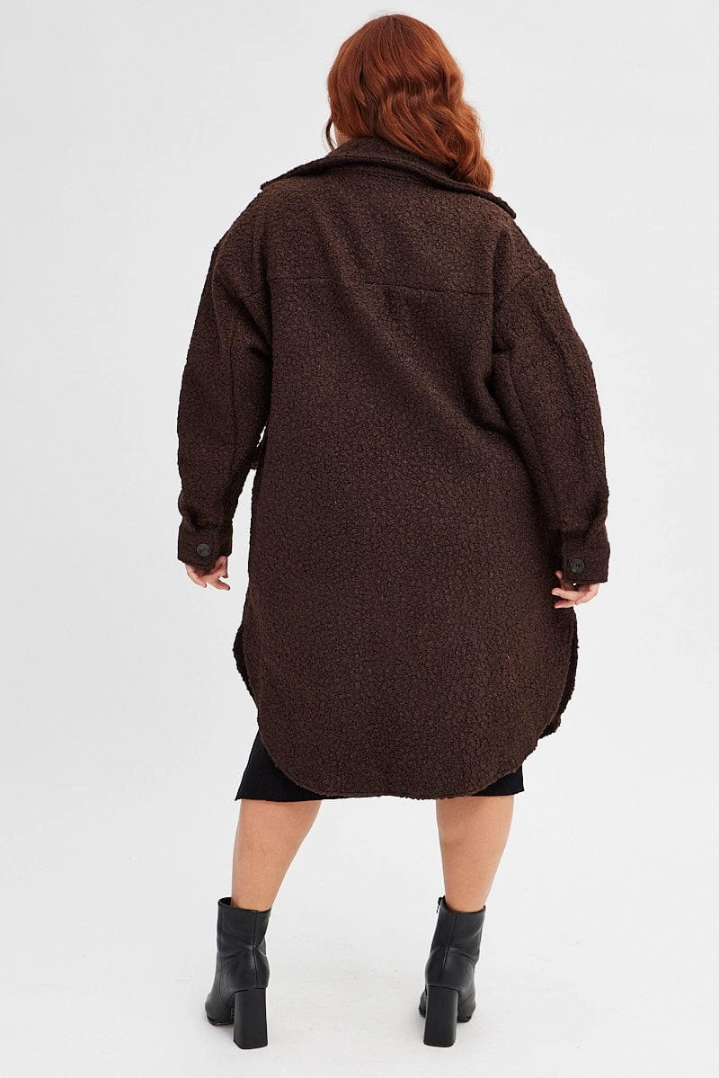 Brown Boucle Shacket Coat Longline Fade Resistant Dye Method