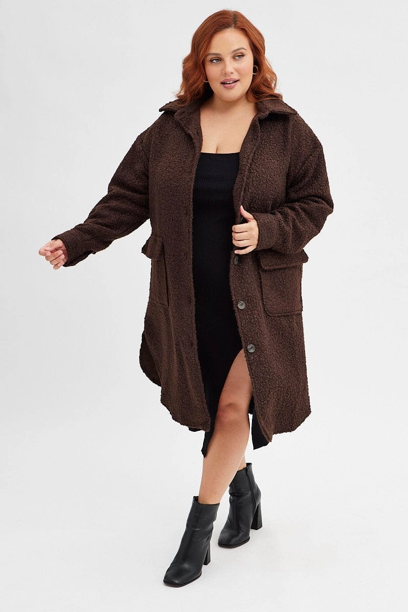 Weatherproof Zipper Waterproof Stitch Details Brown Boucle Shacket Coat Longline
