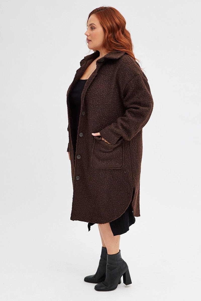 Brown Boucle Shacket Coat Longline Anti Static Weave