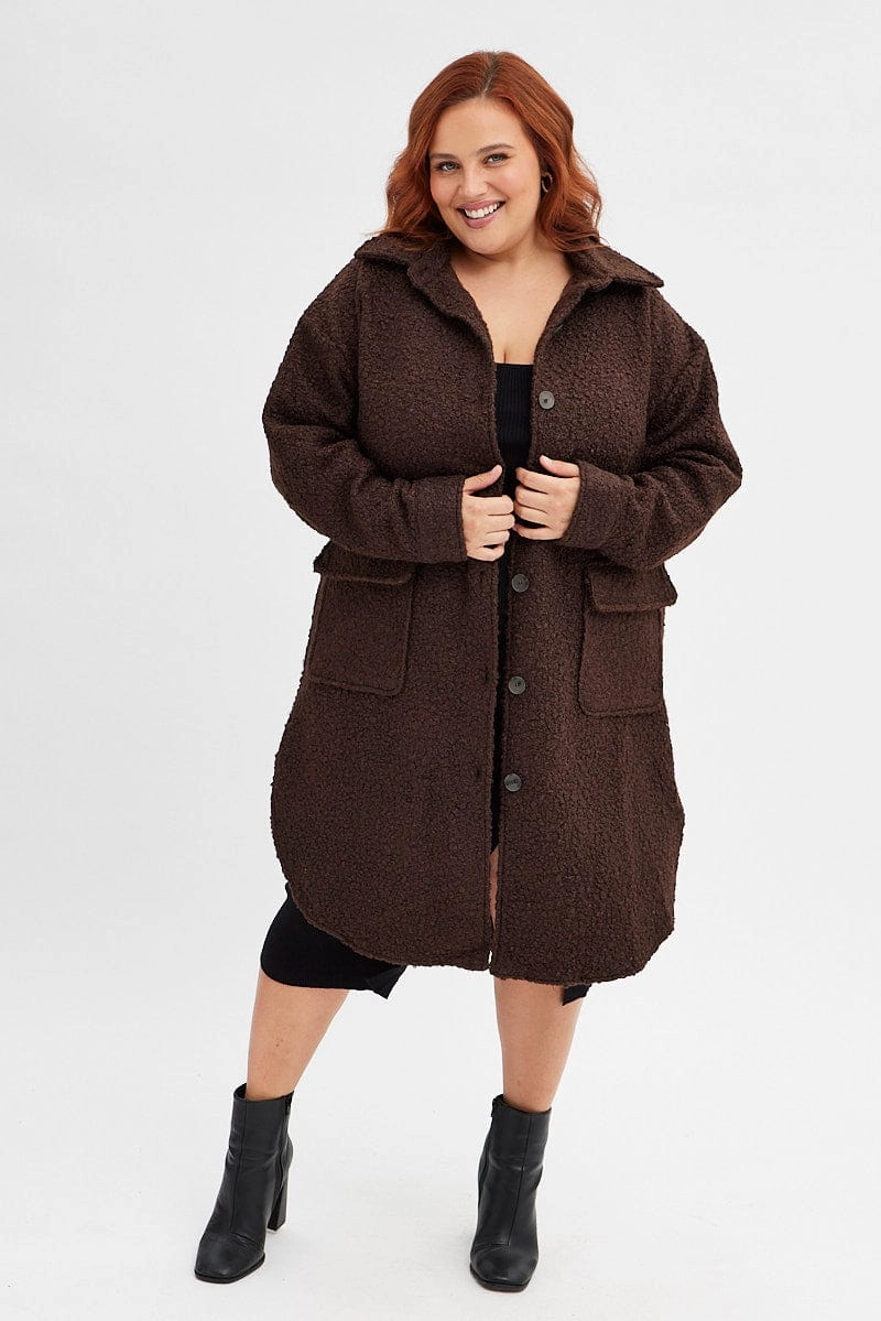 Heavyweight Durability Flexible Fiber Fill Brown Boucle Shacket Coat Longline