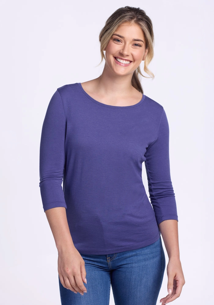 Breathable Mesh Panels Casual Mode Jenny 3/4 Sleeve Crew Neck - Ink Blue
