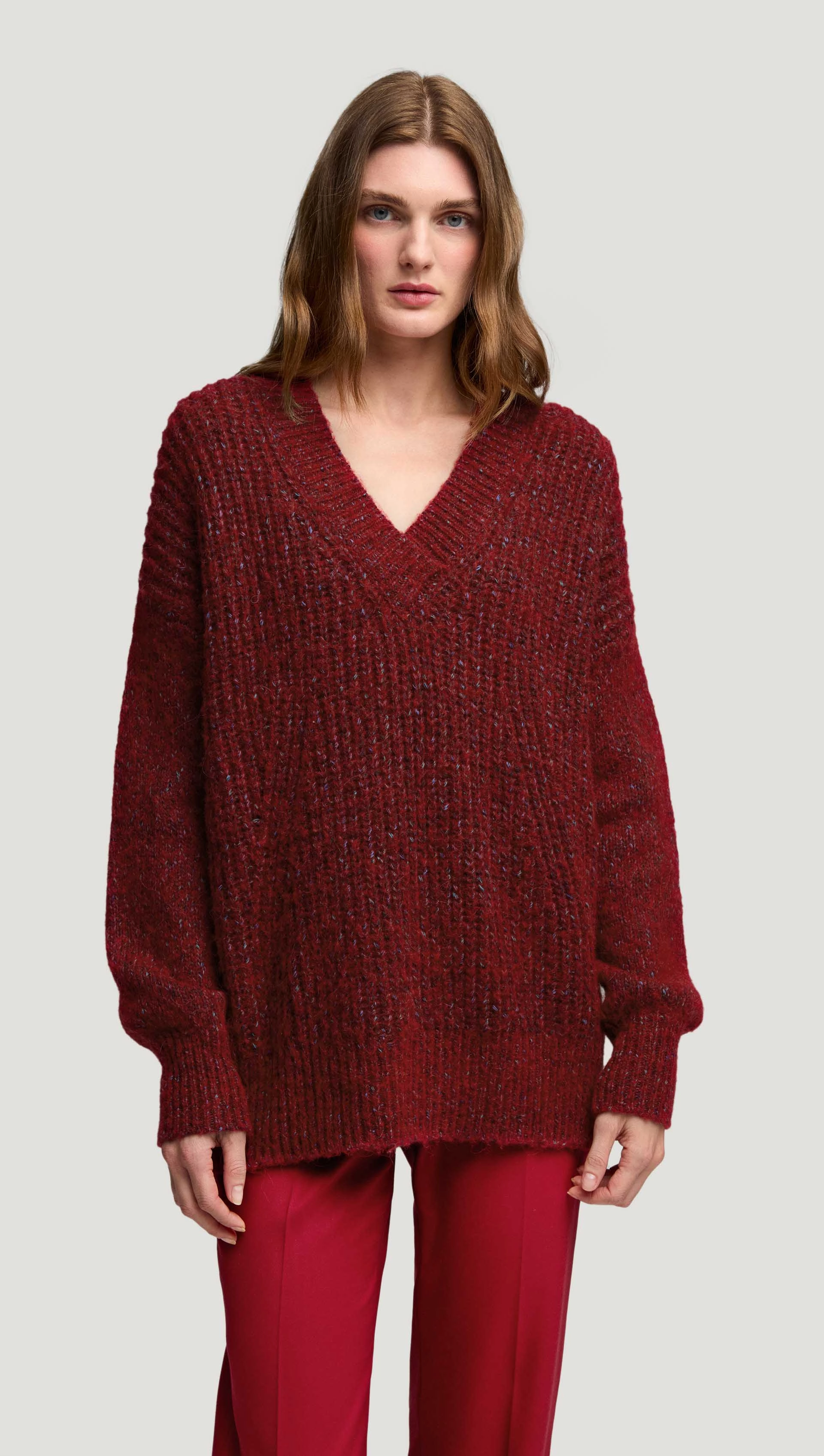 product party ready excitement V-Neck Sweater in Marl Yarn | Burgundy