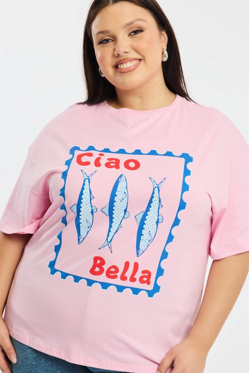 Pink Sardine T-shirt Short Sleeve Light Stretch Ribbed collar